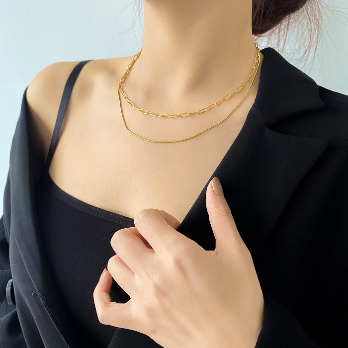 Simple Style Solid Color Stainless Steel Double Layer Necklaces In Bulk