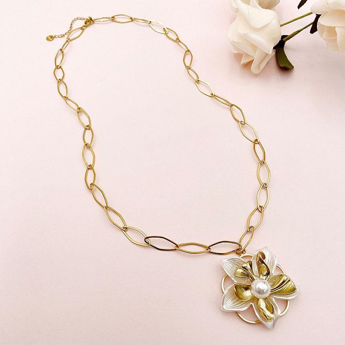 Elegant French Style Flower Stainless Steel  Gold Plated Artificial Pearls Pendant Necklace In Bulk