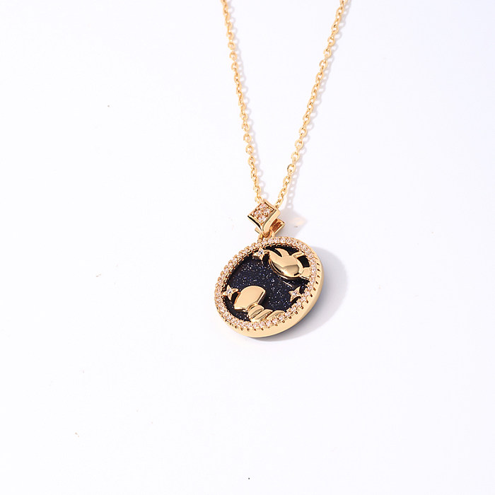 Simple Style Round Constellation Stainless Steel  Copper Gold Plated Zircon Pendant Necklace In Bulk