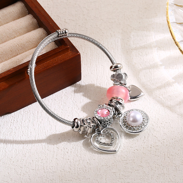 Elegant Cute Heart Shape Butterfly Elephant Stainless Steel Alloy Beaded Inlay Artificial Pearls Rhinestones Bangle