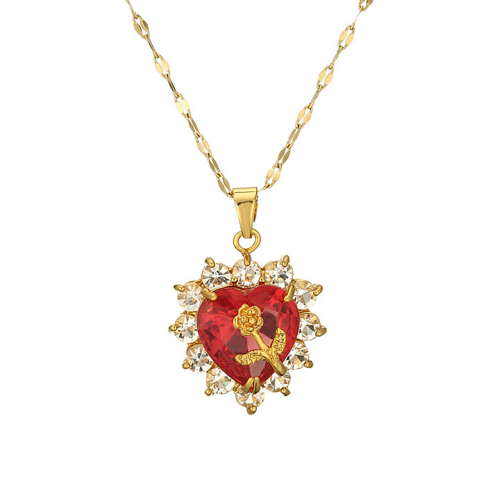 Sweet Heart Shape Flower Stainless Steel  Copper Plating Inlay Zircon Gold Plated Pendant Necklace