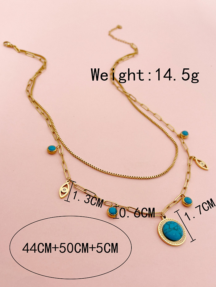 Retro Round Eye Stainless Steel  Plating Inlay Turquoise Gold Plated Layered Necklaces