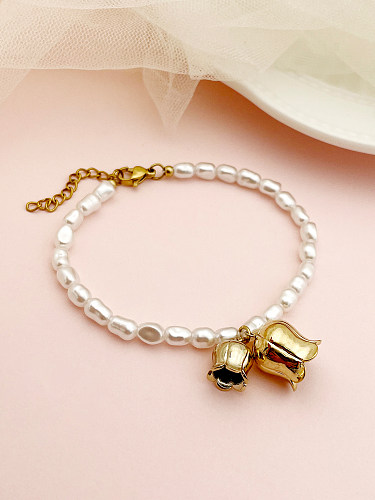 Bracelets plaqués or 14 carats Glam Lady Flower en acier inoxydable avec placage de perles d'imitation