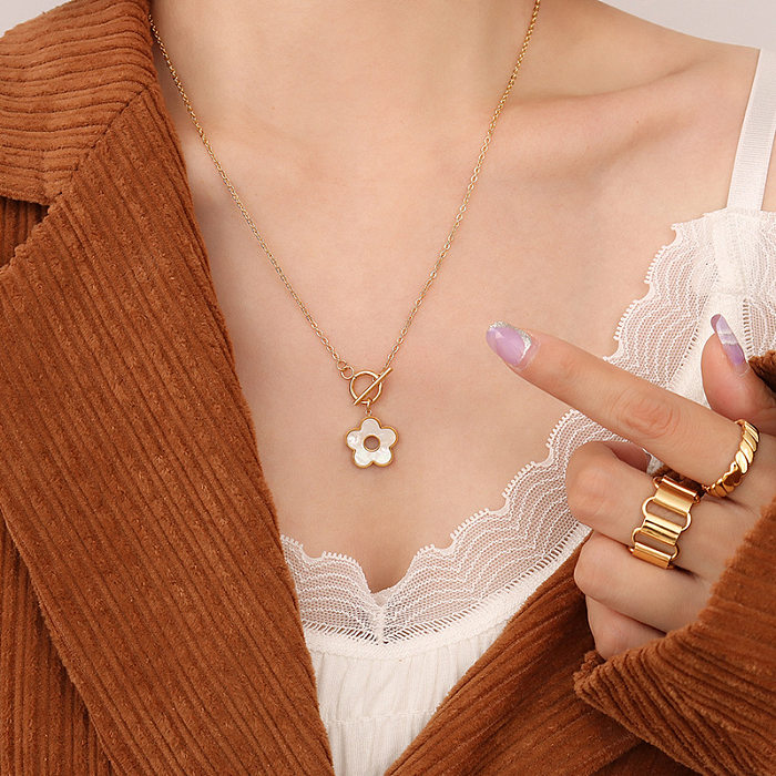 Französische OT weiße Muschel-Blume-Schnalle, Edelstahl plattiert, 18 Karat echtes Gold, Halskette für Damen