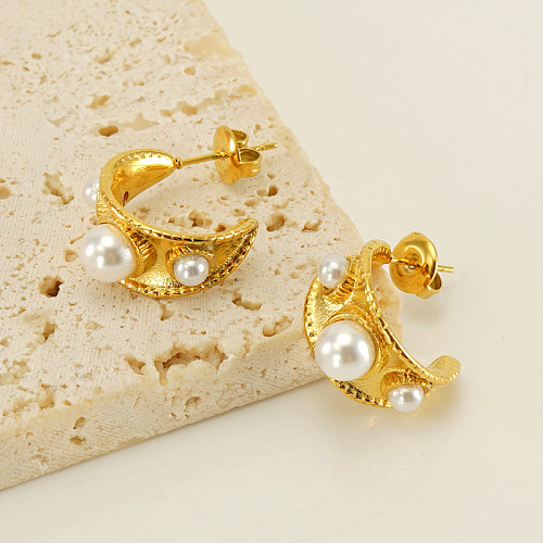 1 par de pendientes chapados en oro de 18K con perlas artificiales de acero inoxidable con incrustaciones de Color sólido de estilo Vintage