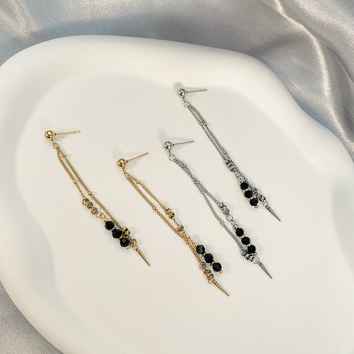 Fashion Geometric Stainless Steel  Tassel Crystal Earrings 1 Pair