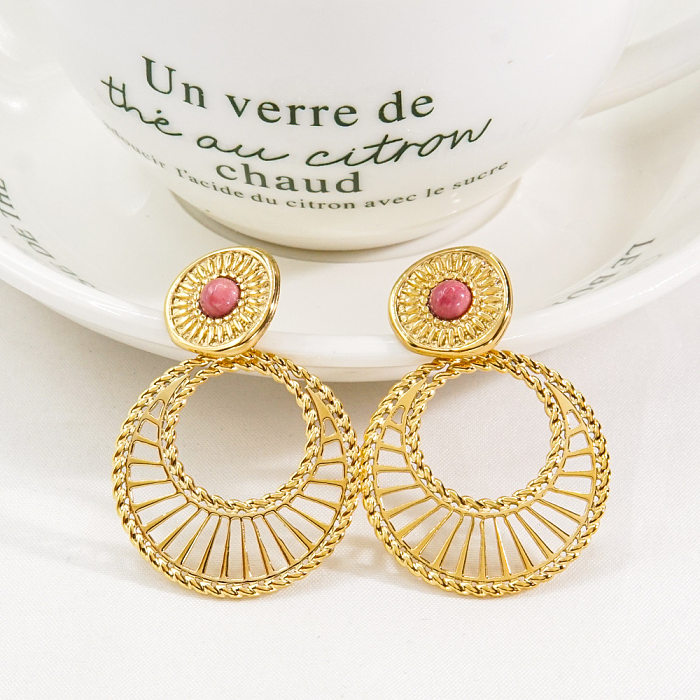 1 Paar böhmische Kreis-Ohrringe mit vergoldetem Inlay aus Edelstahl und Naturstein