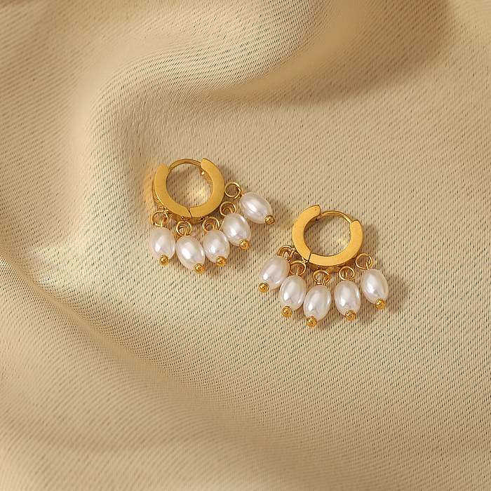 1 Paar IG-Stil, Vintage-Stil, einfacher Stil, Quastenbeschichtung, Edelstahl, künstliche Perle, 18 Karat vergoldet, Tropfenohrringe