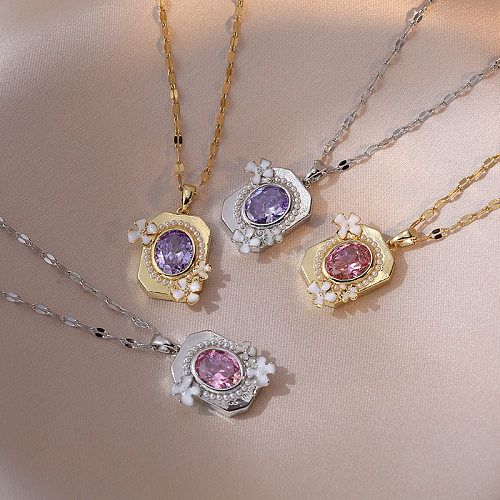 Sweet Flower Rectangle Stainless Steel Plating Inlay Artificial Pearls Artificial Diamond Pendant Necklace