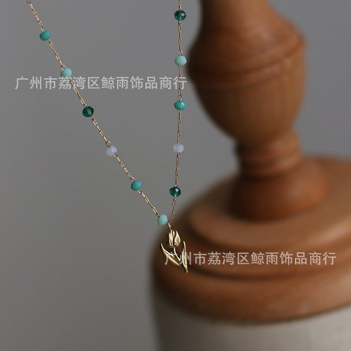 Gemischte Stein-Retro-Halskette mit grüner Tulpe und Blumen-Ölgemälde, Edelstahl, 18 Karat vergoldet