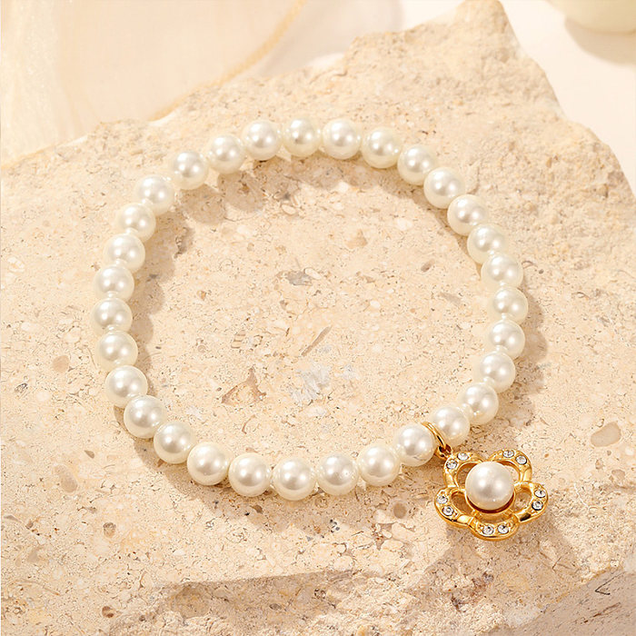 Bracelets de perles plaqués or, vente en gros, mignon, Style Simple, fleur de Style classique, incrustation de placage en acier inoxydable