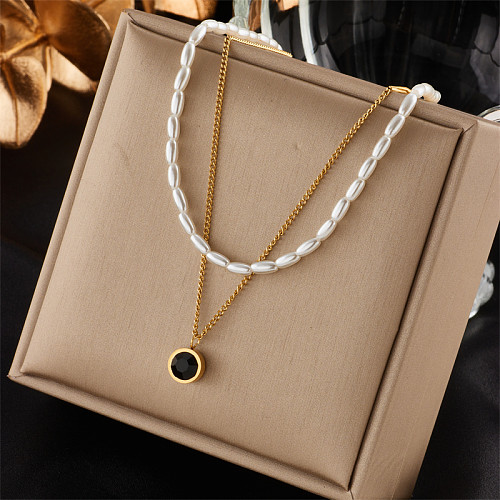 Retro French Style Geometric Imitation Pearl Stainless Steel Plating Inlay Zircon 18K Gold Plated Layered Necklaces