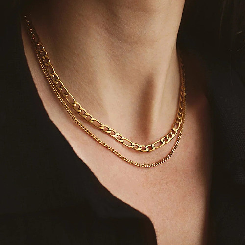 Elegante estilo moderno cor sólida chapeamento de aço inoxidável colares em camadas banhados a ouro 18K