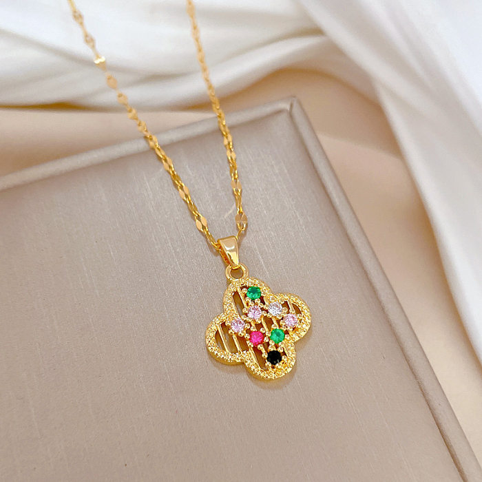 Simple Style Four Leaf Clover Stainless Steel Copper Plating Hollow Out Inlay Zircon Pendant Necklace