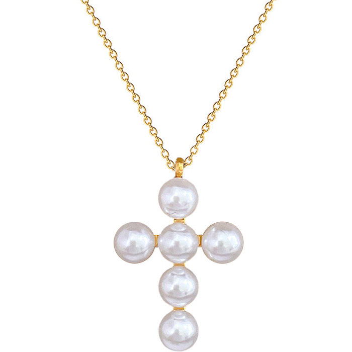 Collar con colgante de perlas artificiales con incrustaciones de acero inoxidable con cruz de estilo coreano moderno básico