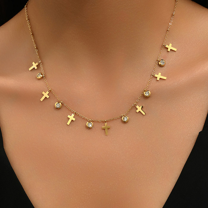 Vintage Style Commute Cross Hand Of Fatima Heart Shape Stainless Steel  Plating Inlay Rhinestones 18K Gold Plated Necklace