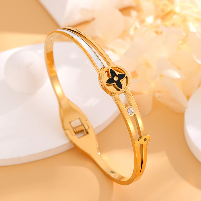 Casual Simple Style Four Leaf Clover Titanium Steel Plating Inlay Rhinestones 18K Gold Plated Bangle