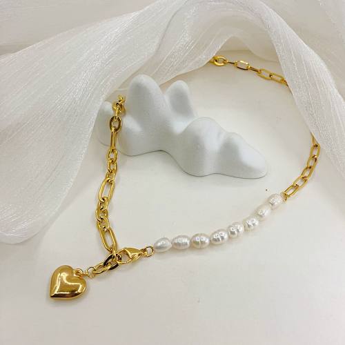 Modische herzförmige Halskette mit Anhänger aus Edelstahl mit Perlenbeschichtung, 1 Stück