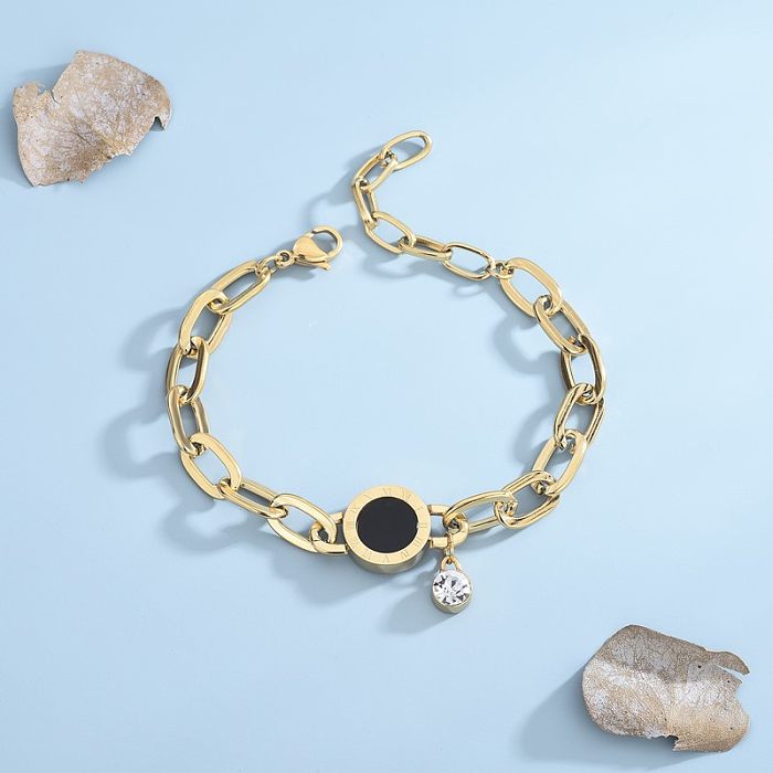 Lässige Armbänder im klassischen Stil mit römischen Ziffern, Titanstahl, Polierbeschichtung, Inlay, künstliche Diamantschale, 18 Karat vergoldet