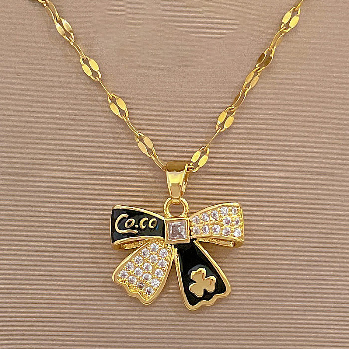 Sweet Letter Bow Knot Stainless Steel Copper Enamel Plating Inlay Zircon Pendant Necklace