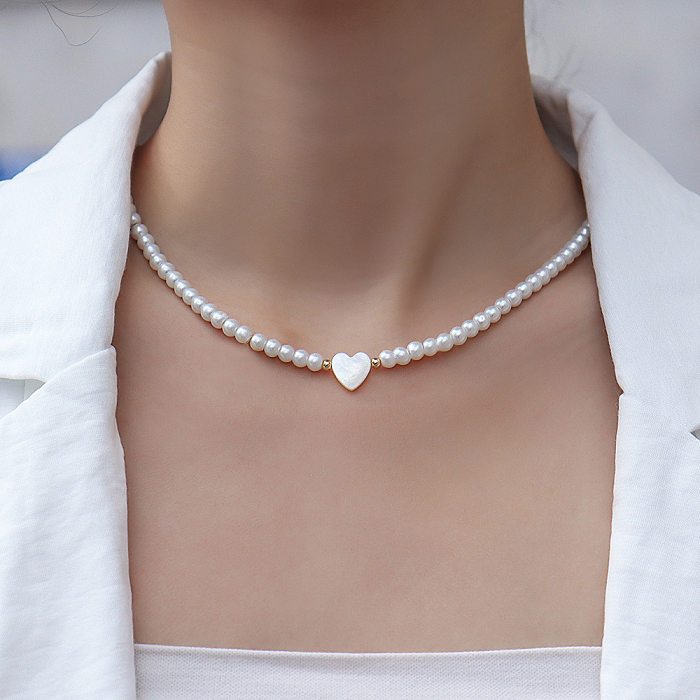 Collier de placage de perles d'imitation de coquille de perle d'acier inoxydable de forme de coeur de dame