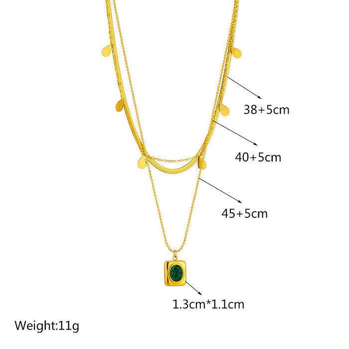 Vintage Style Rectangle Stainless Steel Plating Inlay Glass Stone 18K Gold Plated Layered Necklaces
