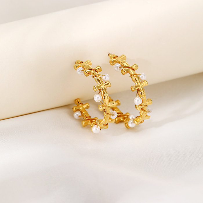 1 Pair Casual Simple Style C Shape Pearl Plating Stainless Steel  18K Gold Plated Ear Studs