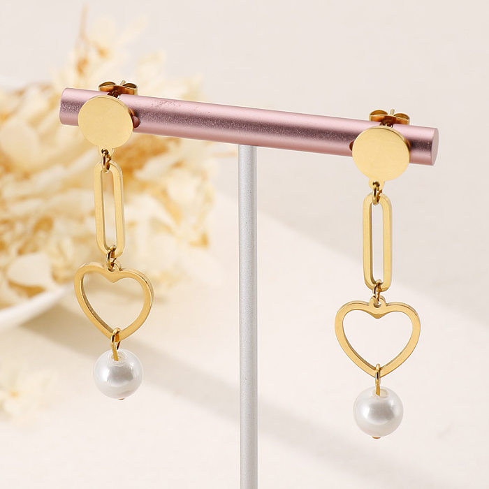 Neue herzförmige Perle lange Ohrringe kreative Retro einfache Edelstahl Schmuck Großhandel