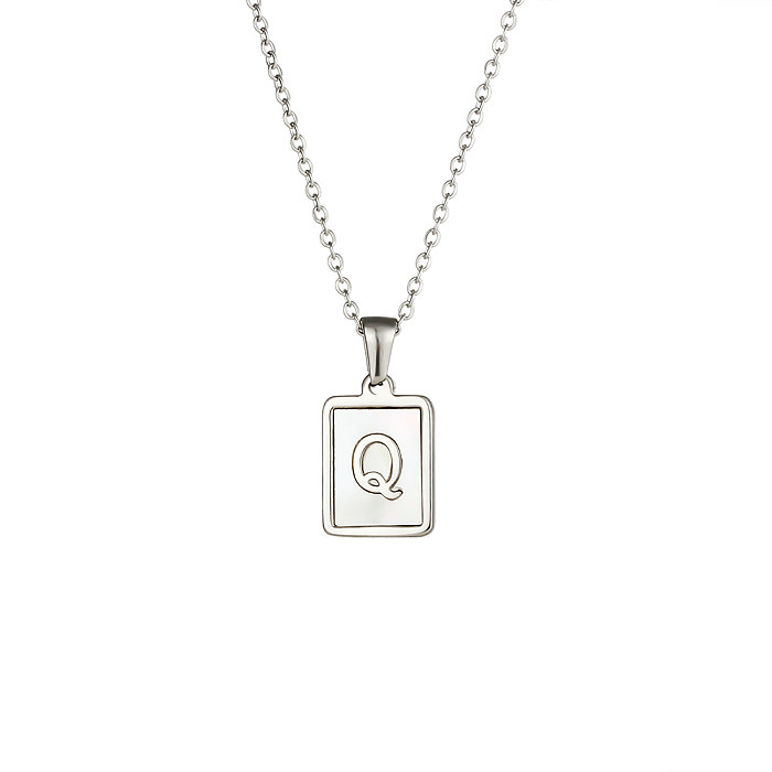 Einfache Halskette mit quadratischem Buchstaben- und Muschelanhänger aus Edelstahl mit Inlay