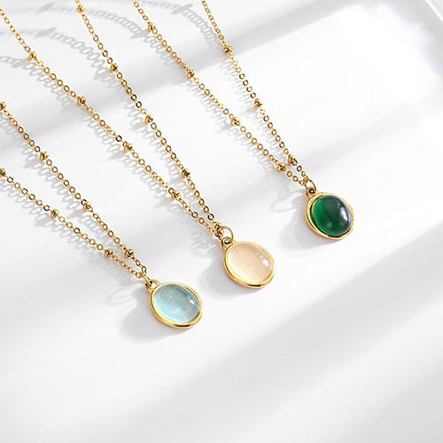 Casual Simple Style Oval Stainless Steel Plating Inlay Opal Pendant Necklace