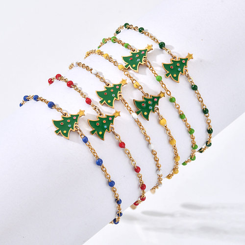 Bracelets plaqués or en acier inoxydable et émail, Style dessin animé, mignon arbre de noël, vente en gros