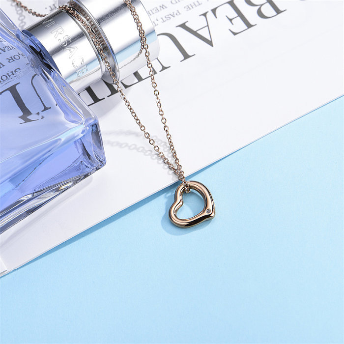 Simple Style Heart Shape Stainless Steel  Polishing Plating Inlay Diamond Rose Gold Plated Pendant Necklace