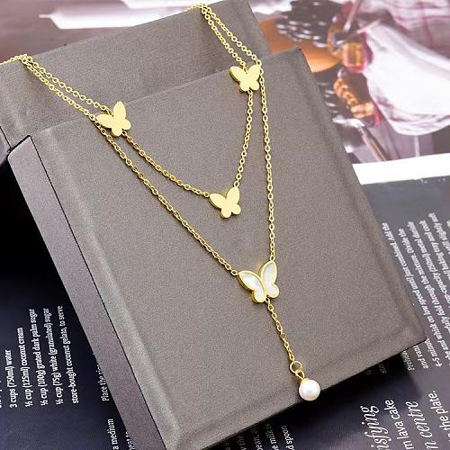 Mode-Schmetterlings-Edelstahl-Inlay mit künstlichen Perlen und Muscheln, geschichtete Halsketten, 1 Stück