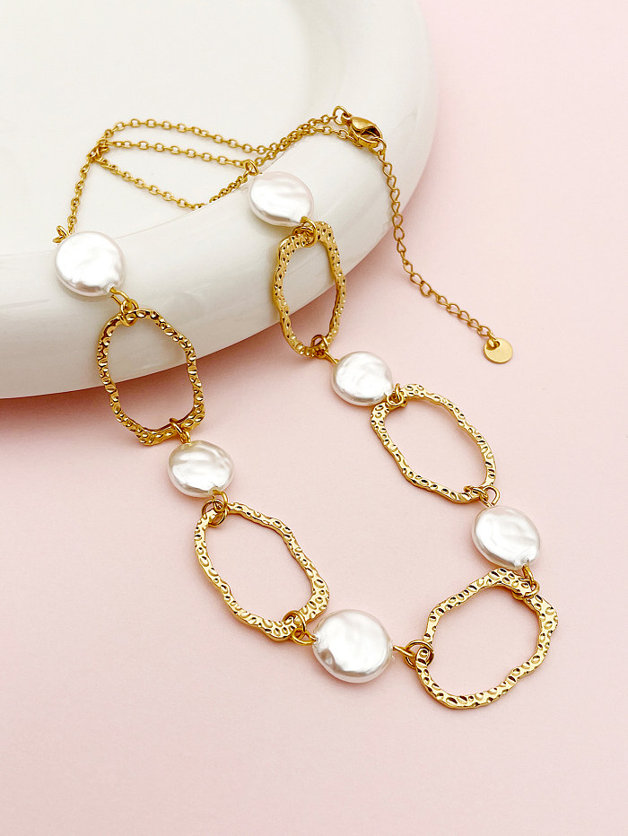 Casual Simple Style Irregular Stainless Steel  Pearl Plating Hollow Out Gold Plated Long Necklace