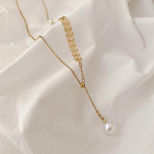 Elegant Vintage Style Grain Stainless Steel Plating Inlay Pearl 18K Gold Plated Pendant Necklace