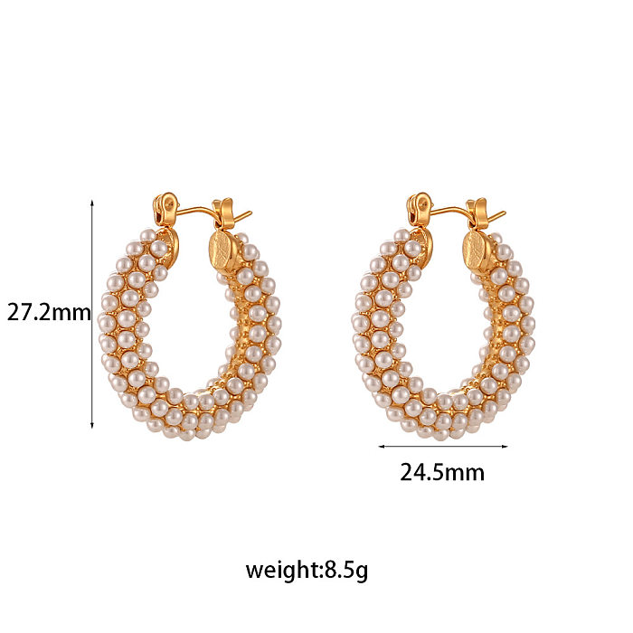 Fashion U Shape Stainless Steel  Plating Inlay Pearl Hoop Earrings 1 Pair