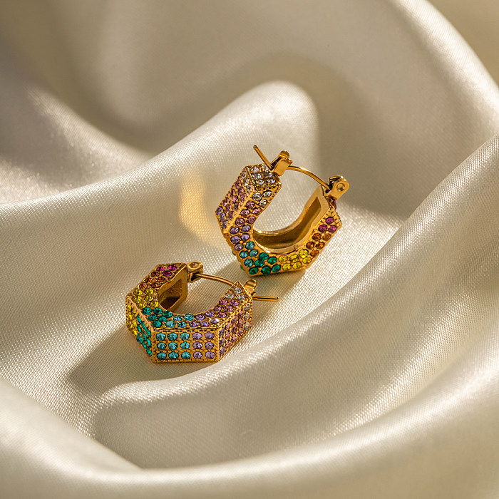 1 Paar glänzende U-förmige Ohrringe im INS-Stil mit Intarsien und Strasssteinen aus Edelstahl mit 18-Karat-Vergoldung