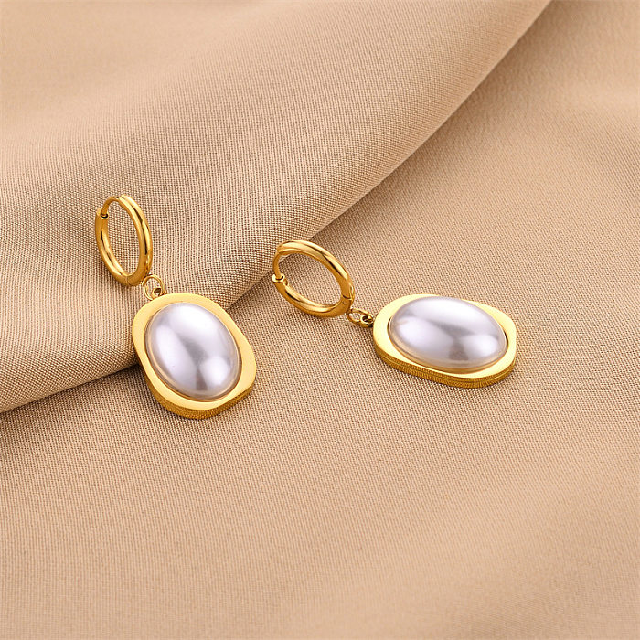 Pendientes colgantes de perlas artificiales con incrustaciones de acero inoxidable geométricos retro 1 par