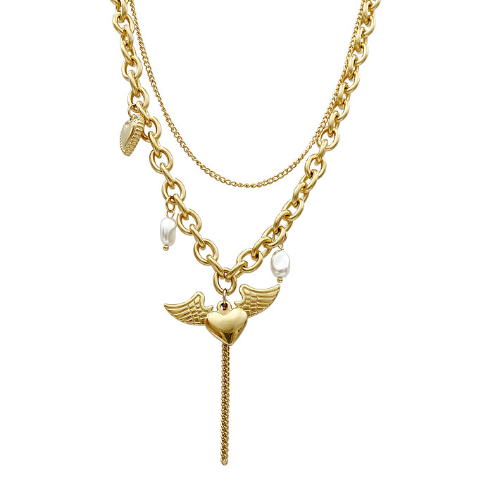 Lässige Hip-Hop-Streetwear-Halsketten in Herzform mit Flügeln aus Edelstahl mit geschichteter Beschichtung und vergoldeten Schichten