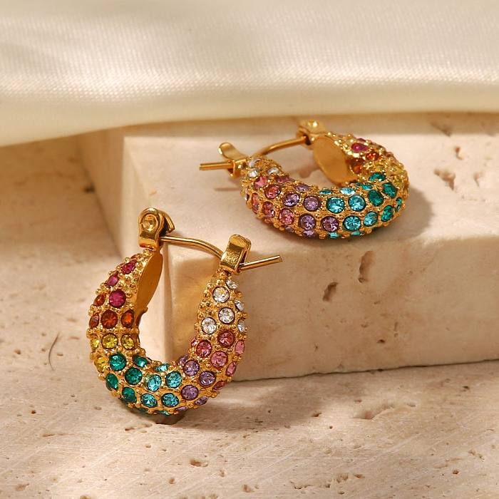 1 Pair Elegant Luxurious Semicircle Plating Inlay Stainless Steel  Zircon 18K Gold Plated Hoop Earrings