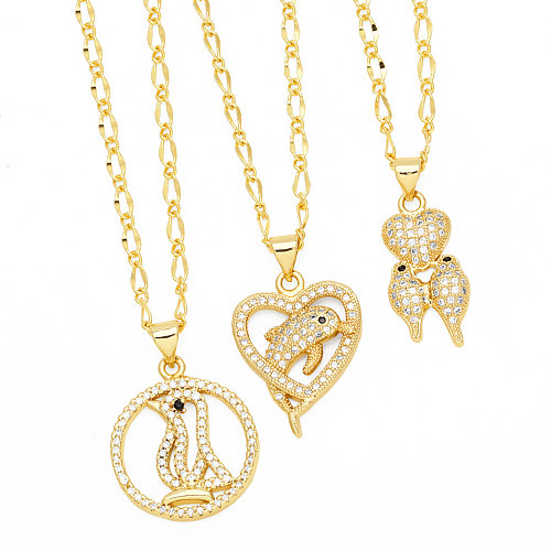 IG Style Cute Dolphin Heart Shape Bird Stainless Steel  Copper Plating Inlay Zircon 18K Gold Plated Pendant Necklace