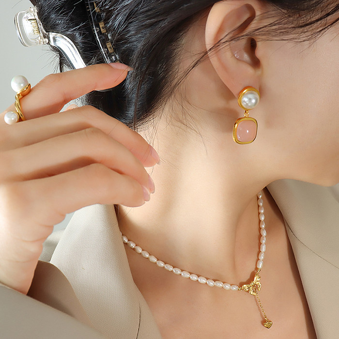 1 paire de boucles d'oreilles rondes et carrées en acier inoxydable, Style Vintage élégant, incrustation de perles artificielles en Jade plaqué or 18 carats