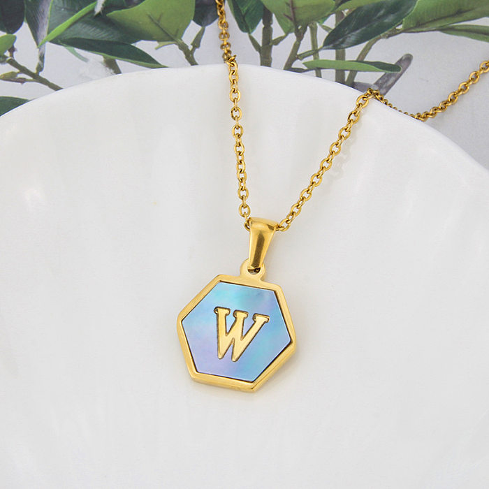 Wholesalejewelry moda hexagonal azul concha 26 letras pingente colar de aço inoxidável joias