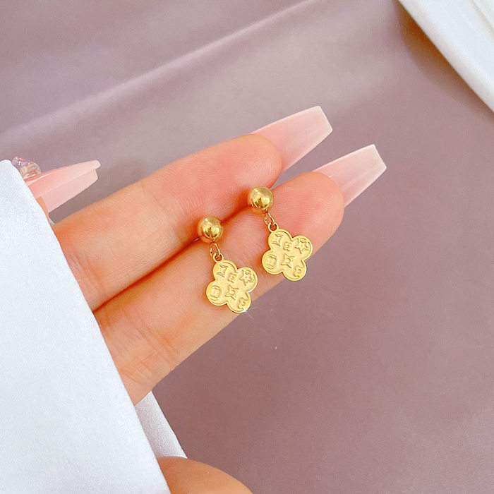 1 Pair Simple Style Four Leaf Clover Plating Stainless Steel Gold Plated Drop Earrings