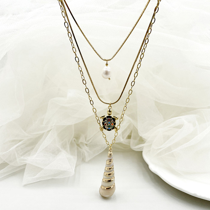 Vacation Beach Artistic Tortoise Conch Stainless Steel  Plating Inlay Rhinestones Pearl Gold Plated Layered Necklaces