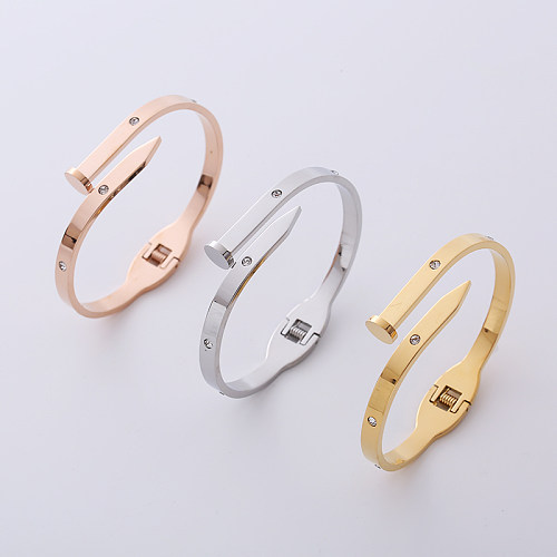 Classic Style Nail Stainless Steel Asymmetrical Gold Plated Zircon Bangle 1 Piece