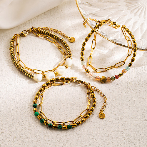 Bracelets en acier inoxydable, coquille ronde artistique, plaqué or 18 carats, perles en pierre naturelle, hématite, en vrac, vacances