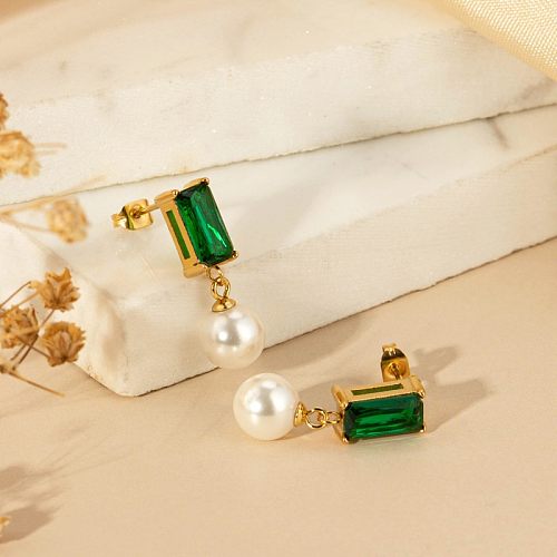 1 Paar einfache Stil-Farbblock-Polierbeschichtung aus Edelstahl mit künstlichen Perlen und Zirkon-vergoldeten Tropfenohrringen