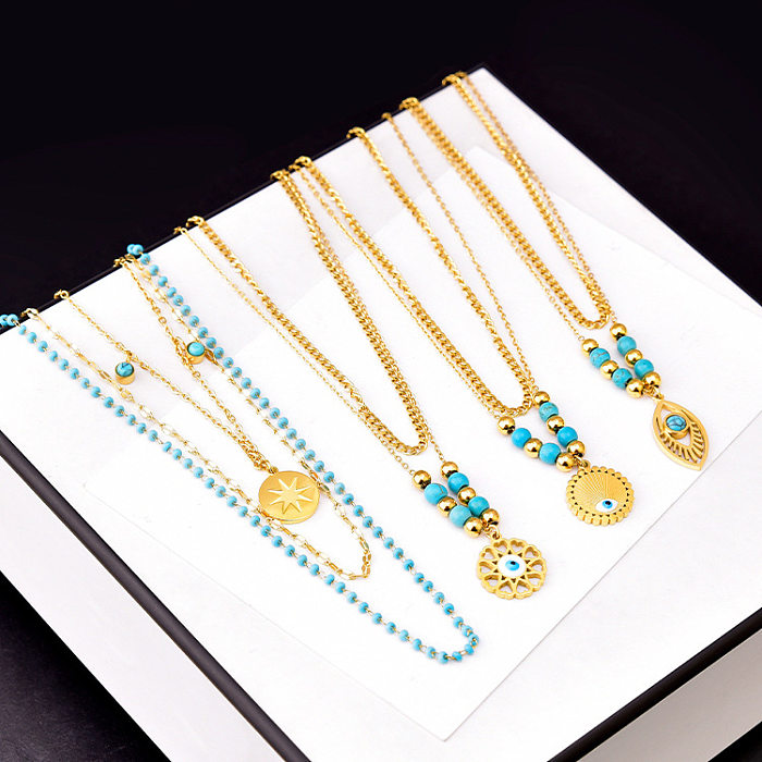 Ethnic Style Devil'S Eye Stainless Steel Plating Inlay Turquoise Gold Plated Layered Necklaces