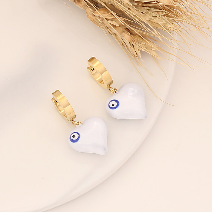 Einfache Teufelsauge-Ohrringe in Herzform, Edelstahl, Emaille, vergoldet, baumelnd, 1 Paar